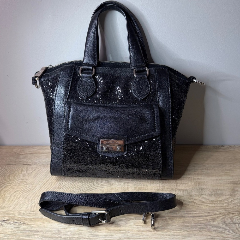 Cole‎ Haan Minetta Bag Womens Medium Black Sequin Leather Crossbody Glitter Glam